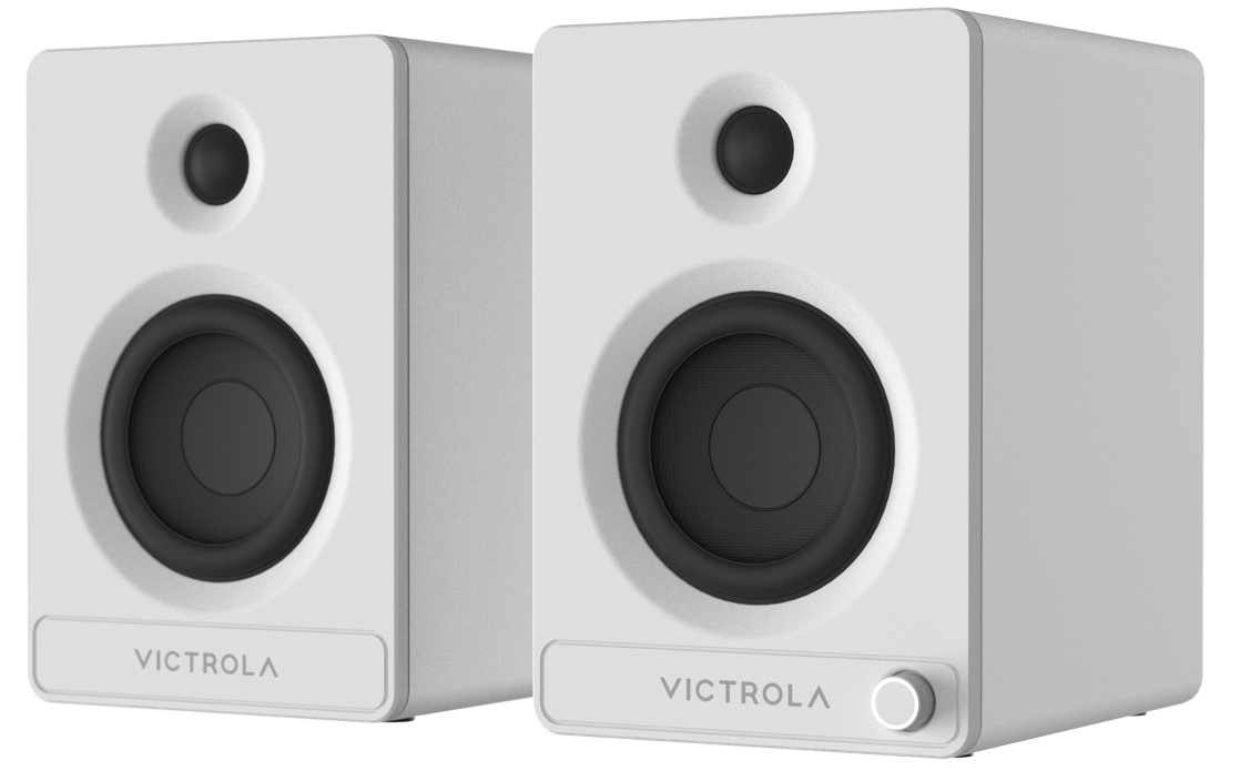 Victrola Tempo Bookshelf Speakers in white color.