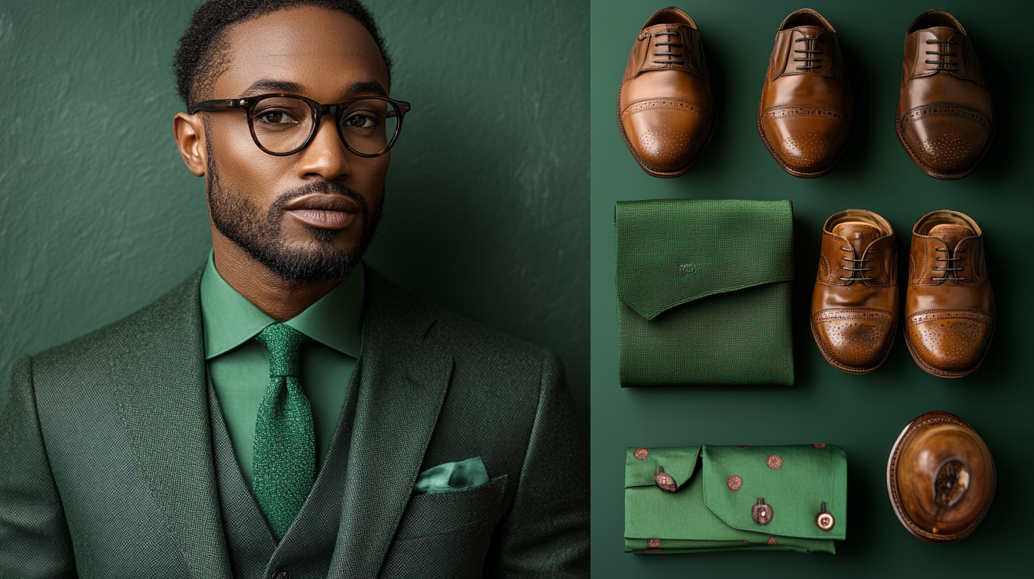 
A sophisticated man in a tailored dark emerald green suit, paired with a lighter sage green shirt and a mint green tie. The outfit showcases a monochrome theme with subtle contrast between the shades of green, creating a cohesive yet visually interesting look. Accessories include a dark green pocket square and polished brown leather shoes. The background is a modern, minimalistic setting with soft lighting emphasizing the depth and texture of the greens.