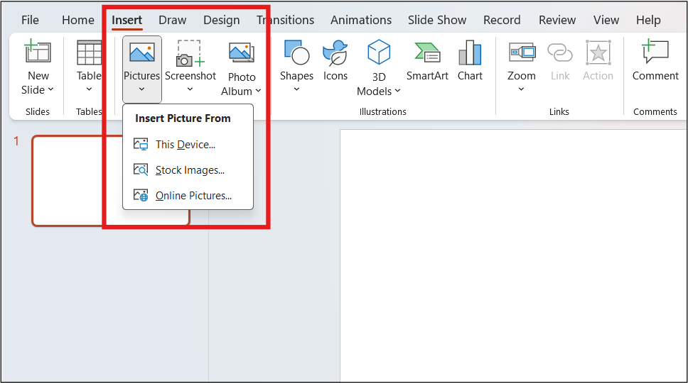 Inserting Picture From This Device, Stock Images, and Online Pictures Option in PowerPoint.