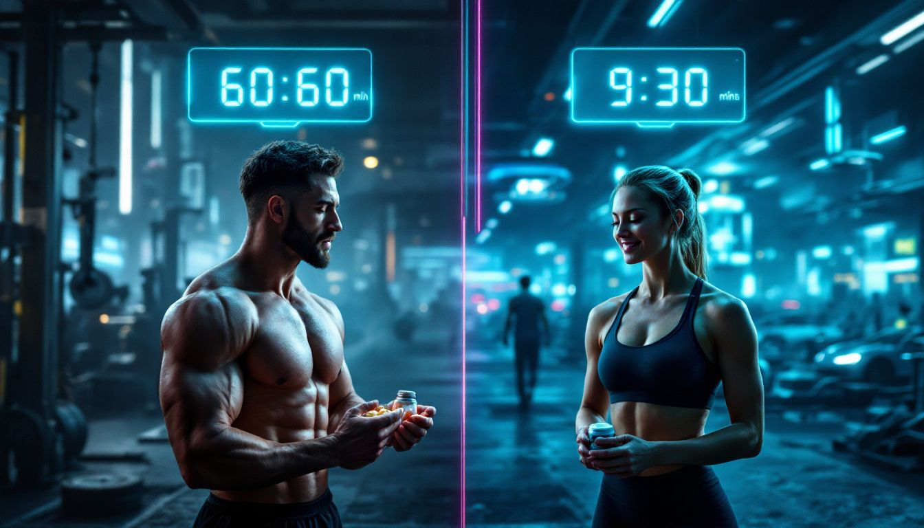 Comparison of pre-workout and post-workout creatine supplementation, featuring two athletes in action.