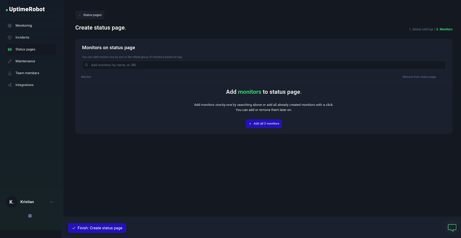 UptimeRobot dashboard Step 4