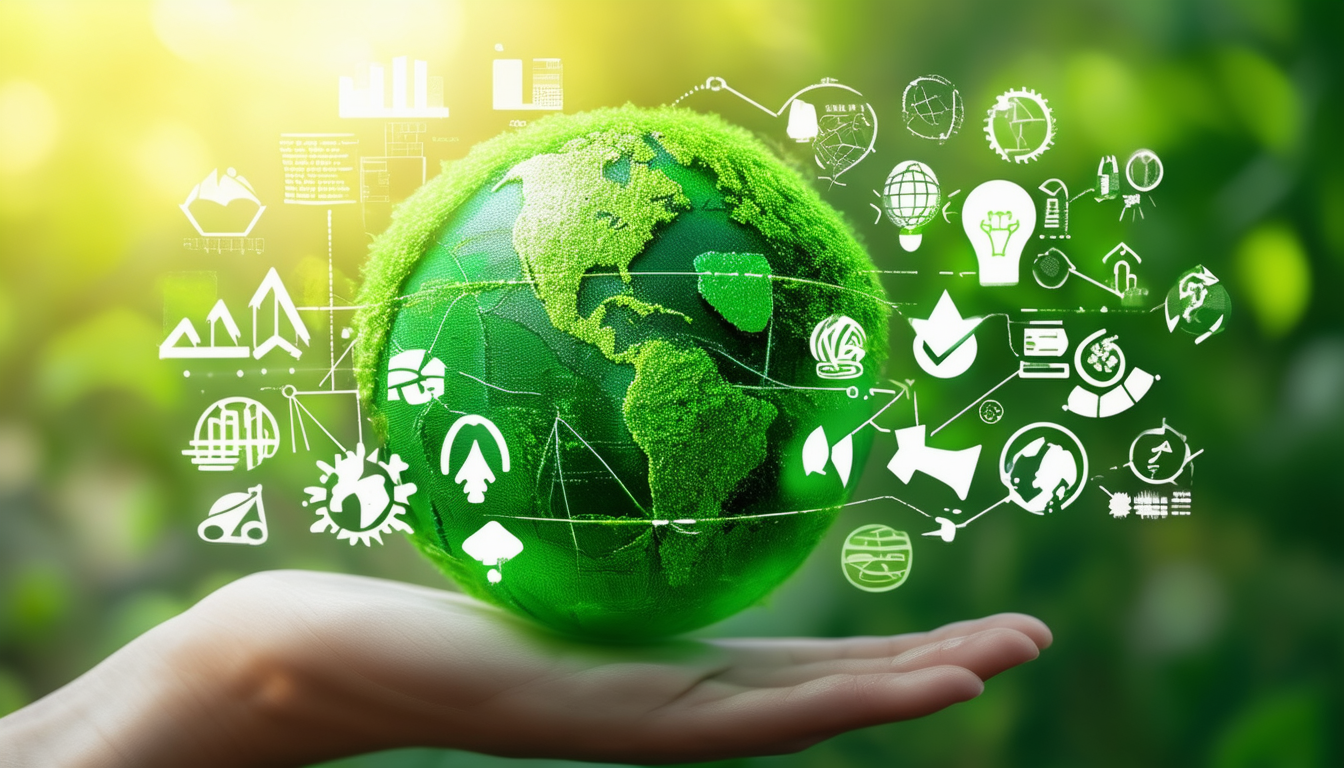 A lush green globe with marketing icons symbolizin
