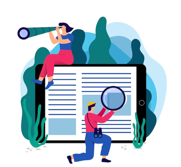 Illustration of two people finding something around an e-book reader