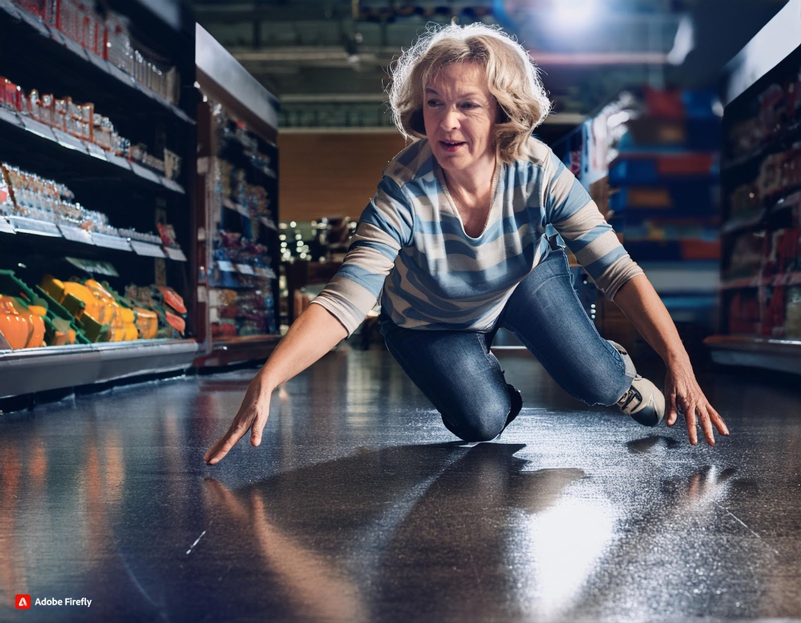 A person slipping on a wet floor in a grocery store