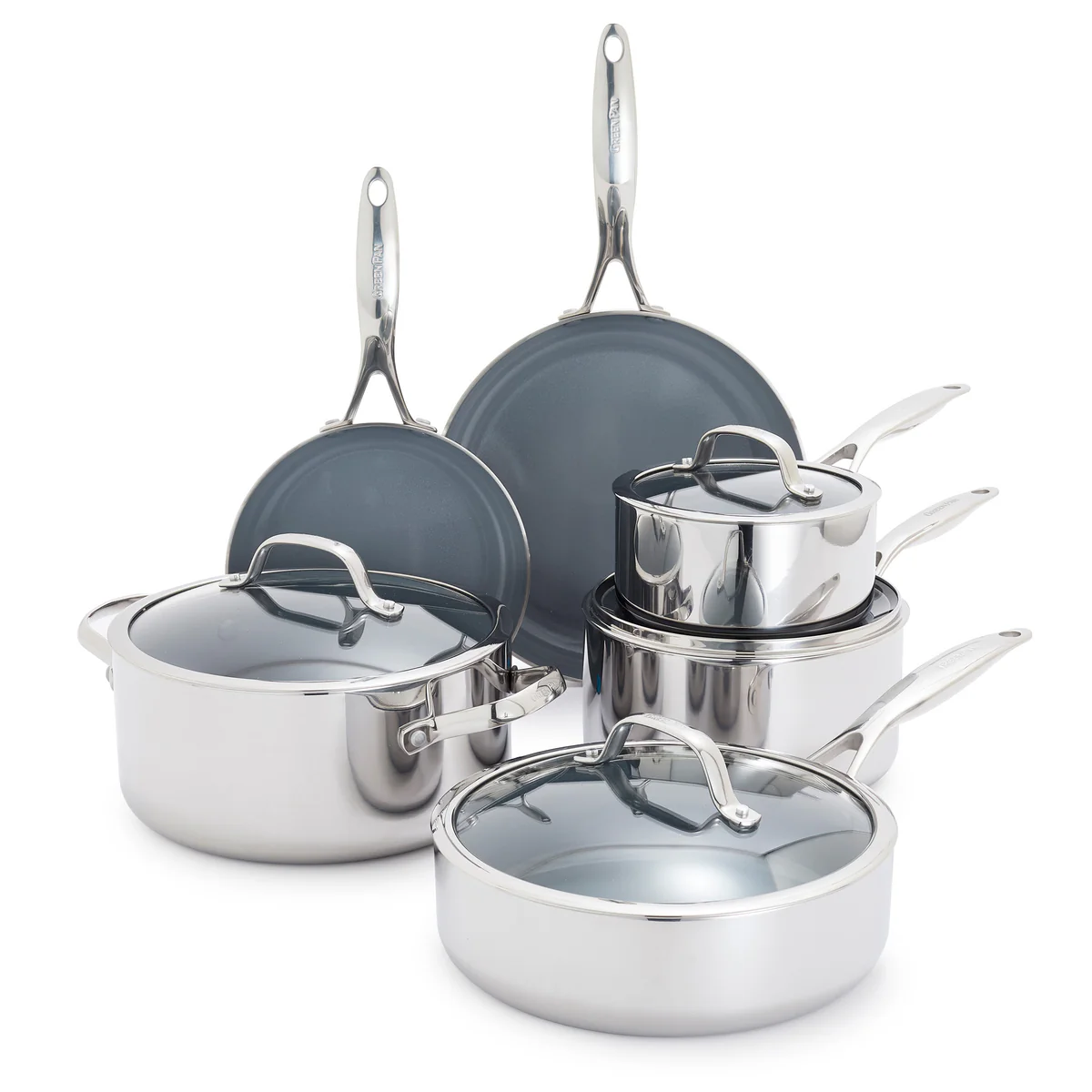 Valencia Pro 10-Piece Cookware Set by GreenPan with stainless steel construction, Infinit8 nonstick coating, and eco-friendly certifications