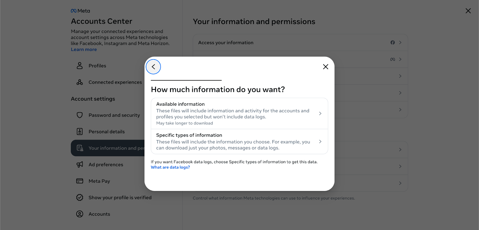 A modal window titled "How much information do you want" with two options: Available information and specific types of information.