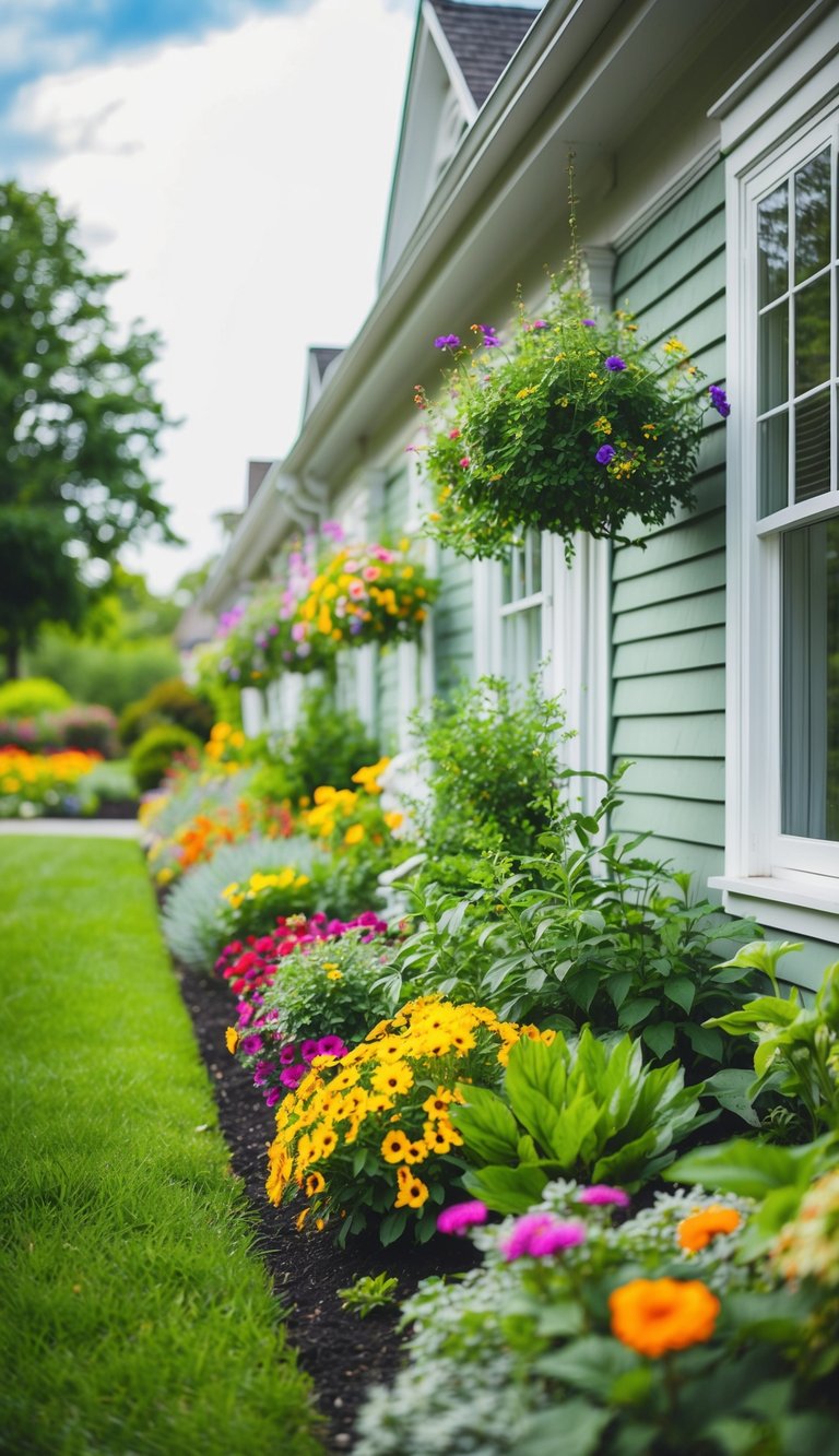 A lush perennial garden lines the side of a charming house, with colorful flowers and green foliage creating a vibrant and inviting landscape