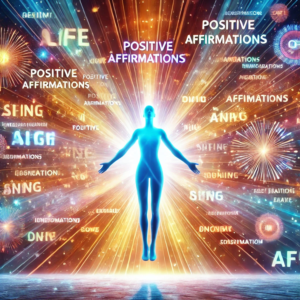 A person standing confidently with arms outstretched, surrounded by glowing words and phrases representing positive affirmations. The words float around the person, symbolizing the transformative power of affirmations. The background is bright and uplifting, with rays of light radiating outward, conveying energy, empowerment, and motivation for personal growth and weight loss.