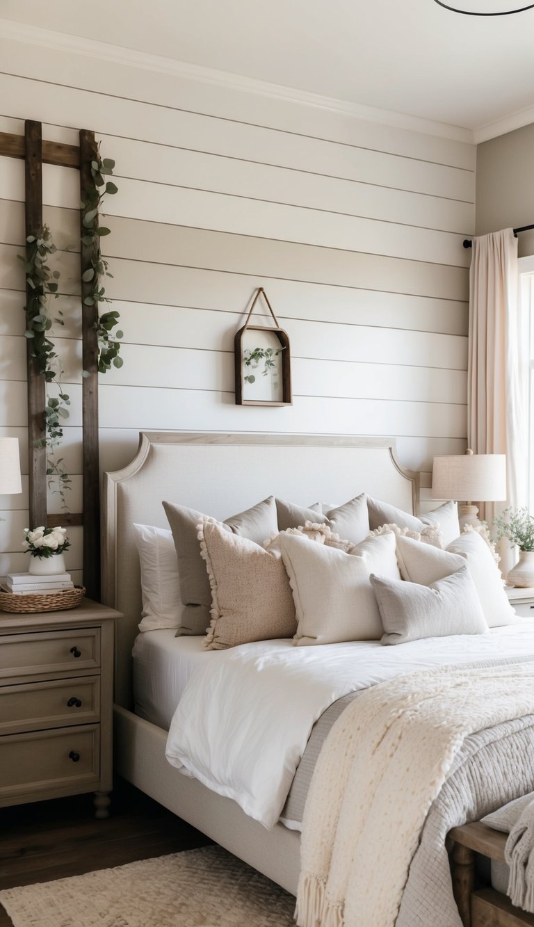 A cozy farmhouse bedroom with rustic shiplap walls, a plush bed, and soft, neutral-toned decor