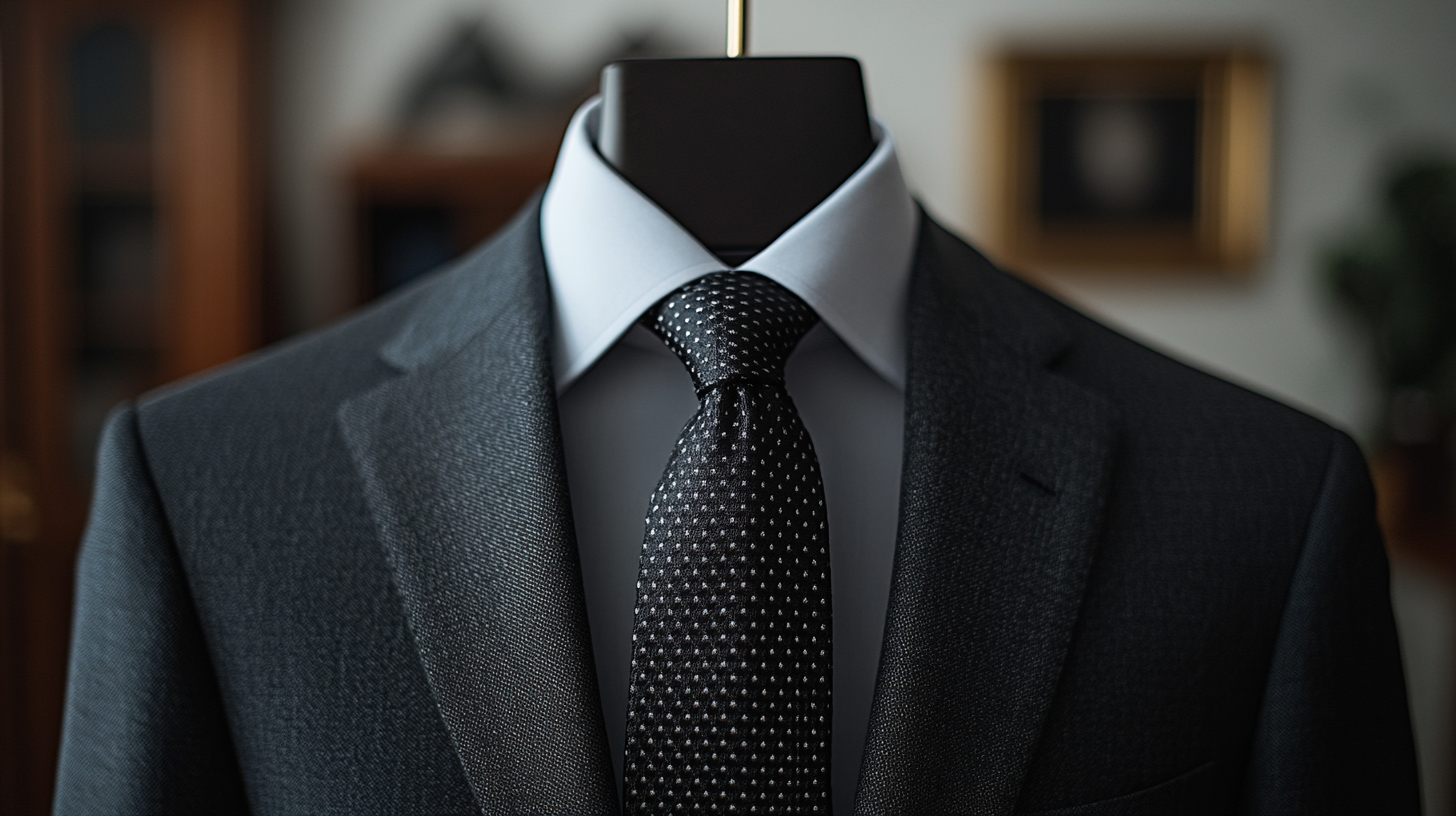 A close-up image of a black tie neatly hung on a hanger, styled to match a black suit. The tie looks formal and serious, exuding a sense of sophistication. The background is soft and neutral, highlighting the tie’s simplicity and elegance. Ultra-detailed, 8K resolution.