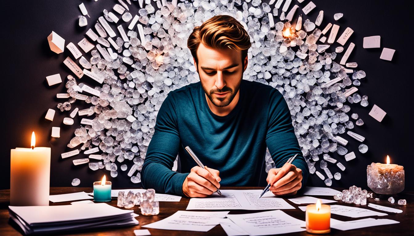 An image showing a person sitting alone in a dark room surrounded by candles and crystals, with a piece of paper in front of them. The paper has the words "Break Up" written on it multiple times in different fonts and colors. The person is seen holding a pen and writing down their intentions to manifest the end of their current relationship, visualizing their partner leaving them and feeling a sense of relief. The atmosphere should be somber and intense, with a focus on the power of manifestation.