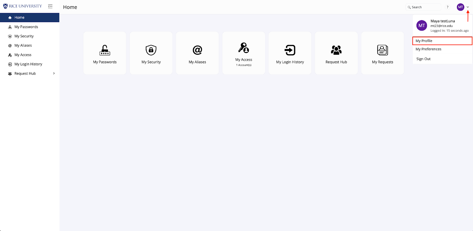 screenshot highlighting the My Profile link