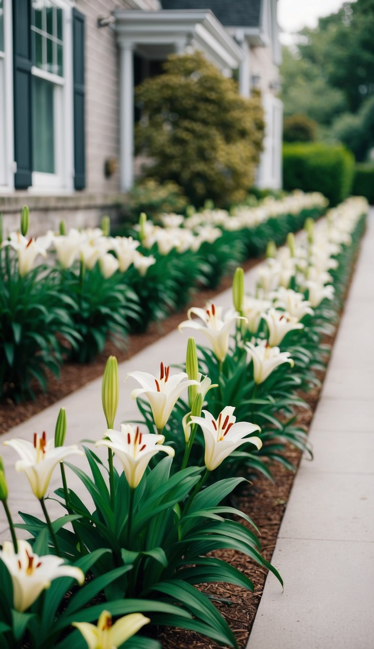 A row of 21 lily flower beds lines the front of a house