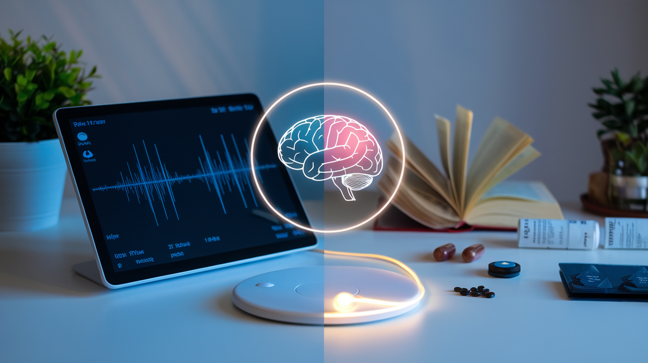Create a realistic image of a split-screen comparison showing a modern digital device with brain wave patterns (representing Genius Wave technology) on one side, and traditional methods like meditation, books, and pills on the other side, with a glowing brain icon hovering in the center, all displayed on a clean desk surface with soft blue lighting highlighting the technological advancement of the modern method.