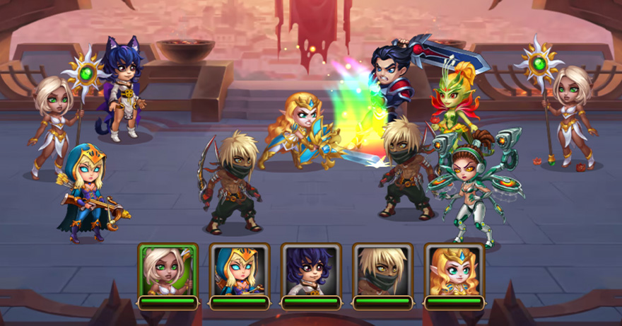 Hero Wars characters fighting on a battlefields, one swinging her sword at an enemy. 