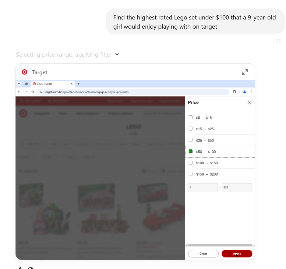 OpenAI Operator filtering Lego by price