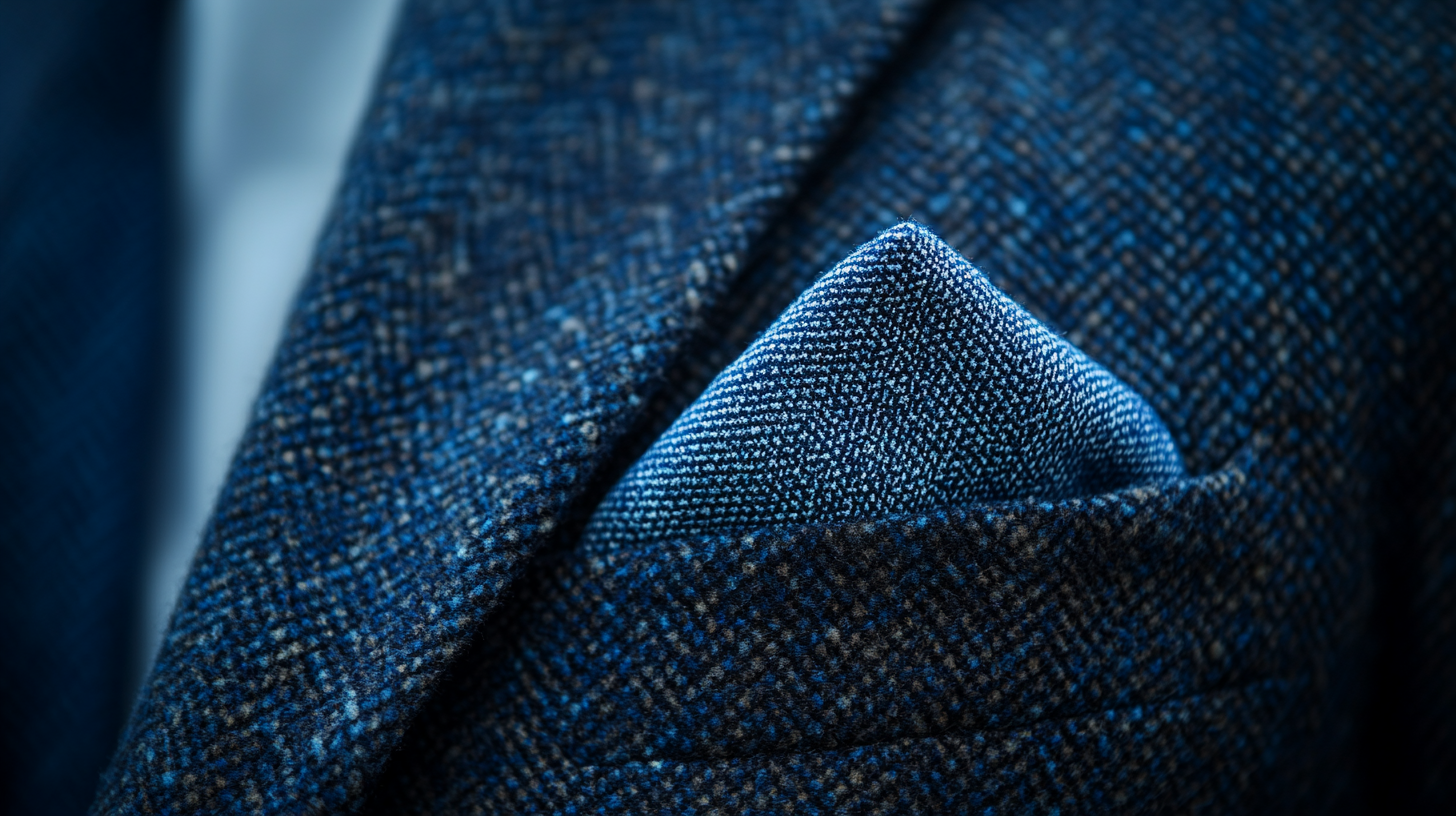 A close-up of a dark blue suit with a light blue pocket square, creating a polished, monochromatic look. The pocket square is neatly folded, complementing the shade of the suit without overpowering it. Soft lighting highlights the subtle contrast between the two blues, showcasing the sophisticated, uniform style ideal for a refined and cohesive appearance