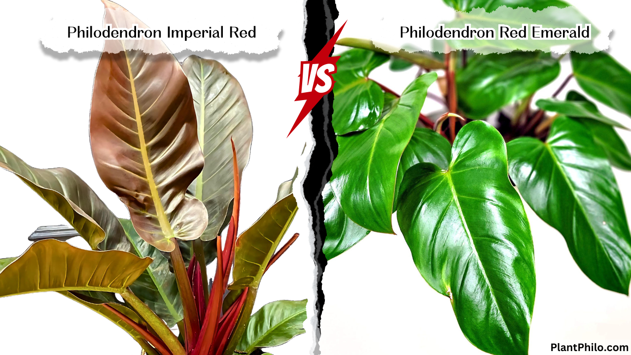 Philodendron Imperial Red vs. Red Emerald Leaf Shape Color Growth Habit Common Problems and Solutions Soil Fertilizing Propagation Pests & Diseases