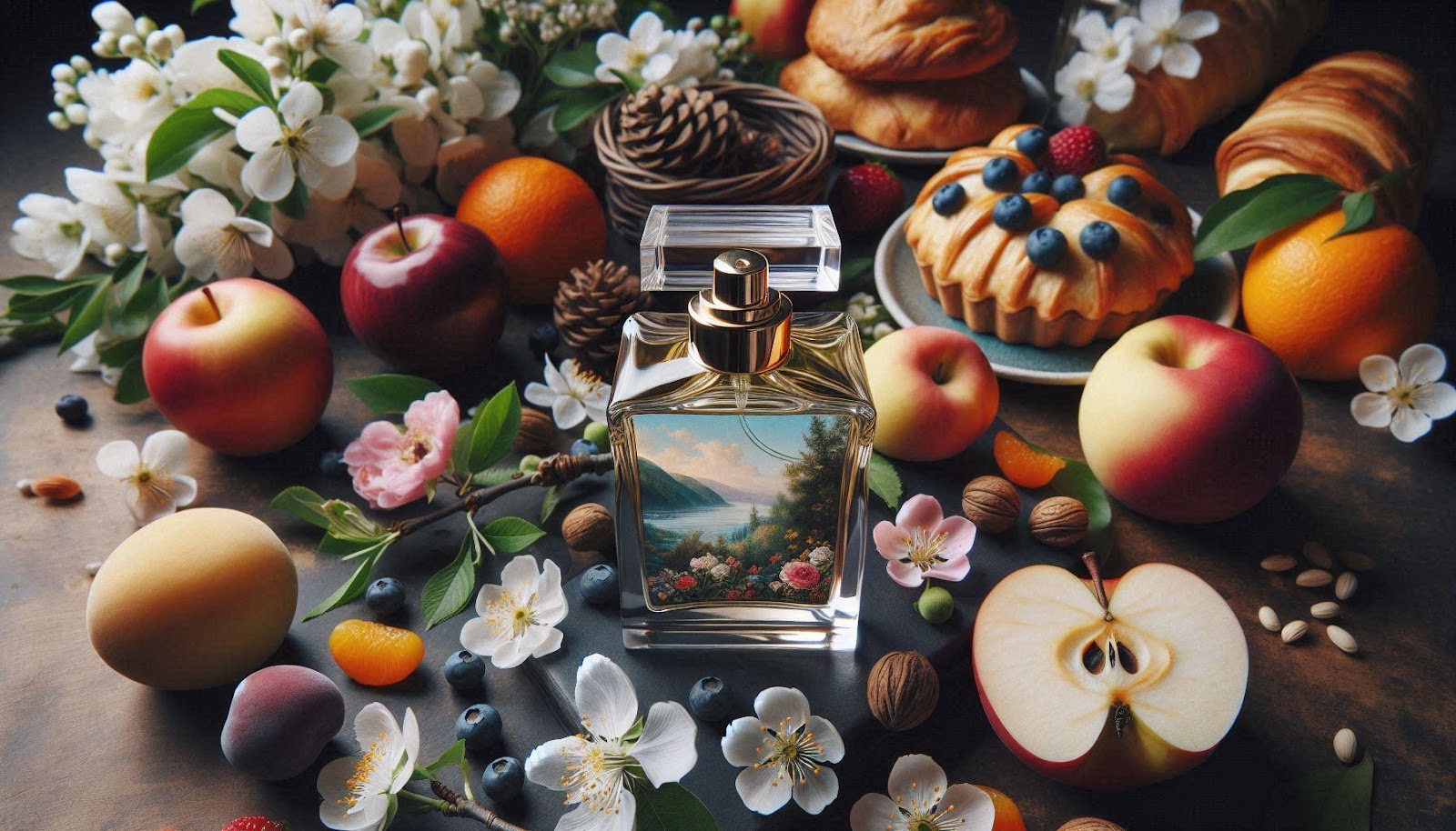 A perfume bottle with fruit and flower decoration.