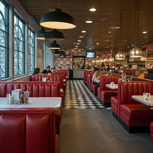 A bustling diner with red booths and checkered floors.