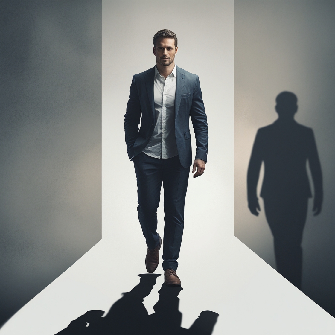 A man confidently walking away from his past, represented by a shadow or faded figure behind him.