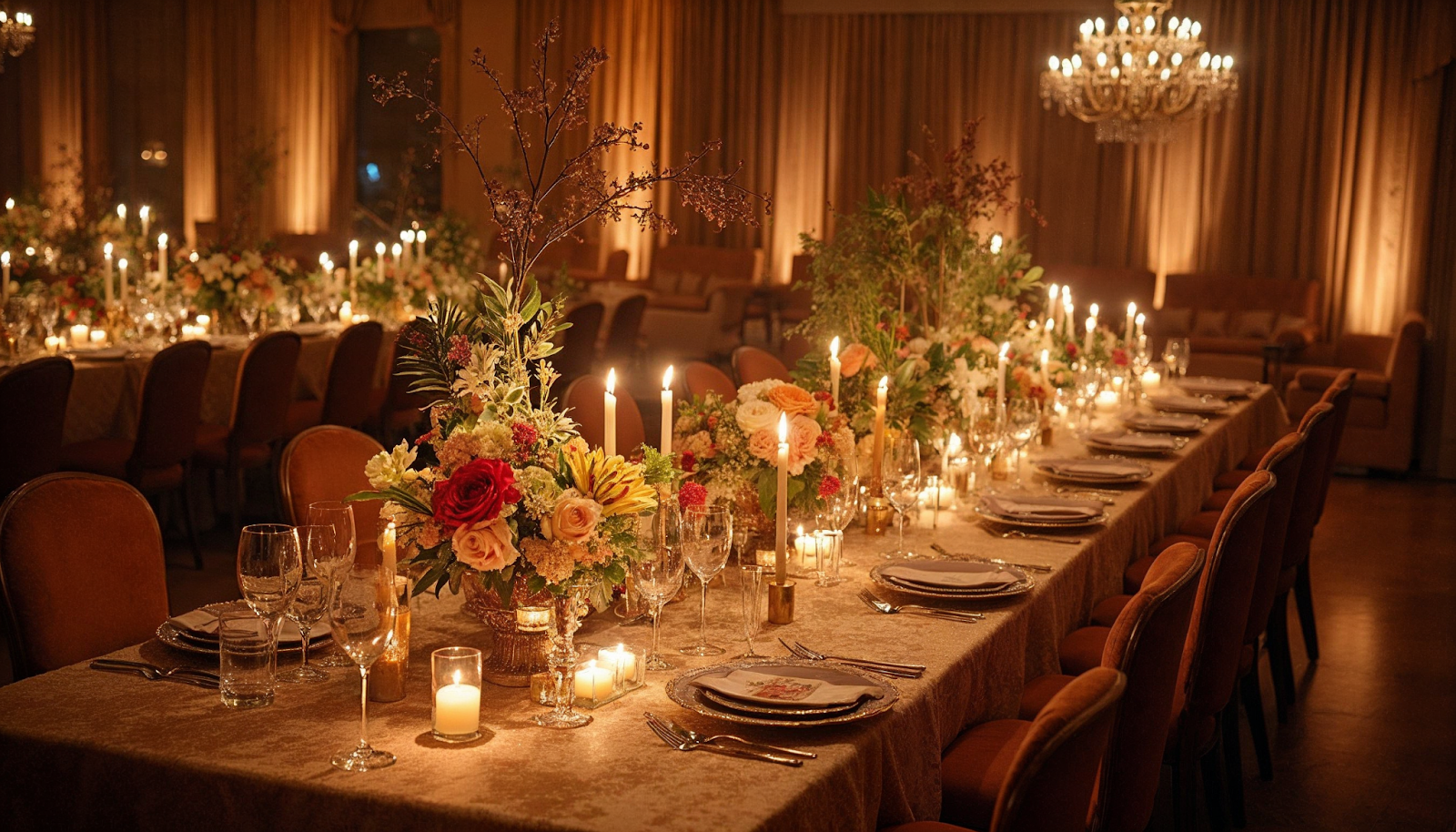 Creative Reception fort  Lounge Areas with Table runners, candles, and personalized place card