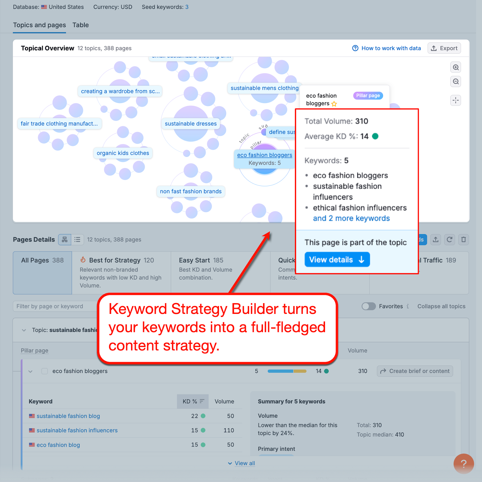 Keyword Strategy Builder Topics and Pages Report