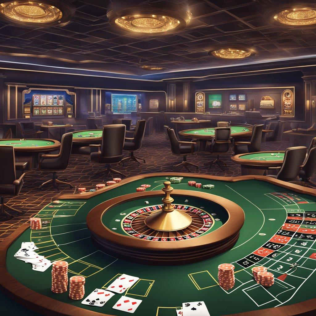 A casino table with a deck of cards, dice, and a roulette wheel, surrounded by security cameras and staff monitoring gameplay