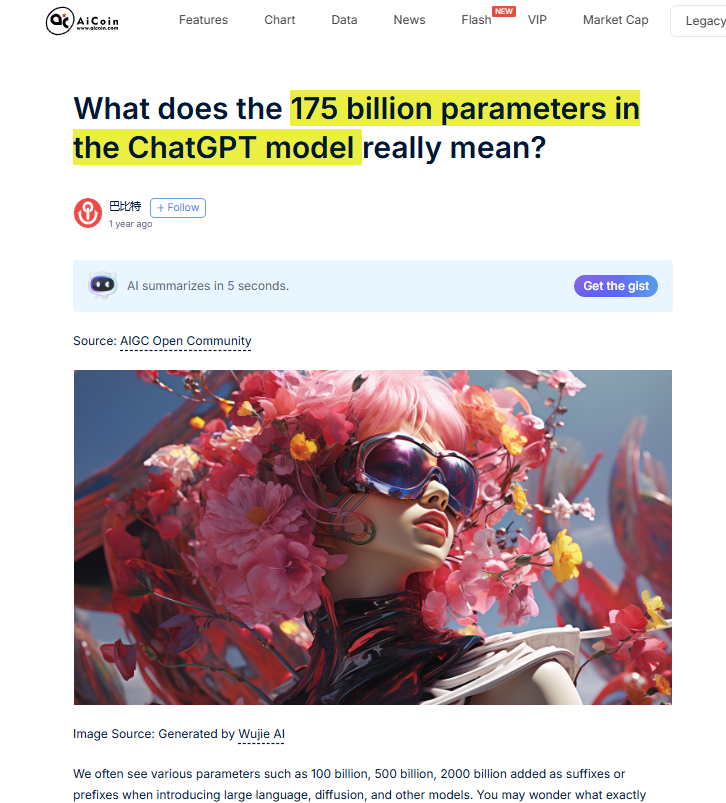 Screenshot from AICoin that tells the number of parameters in ChatGPT