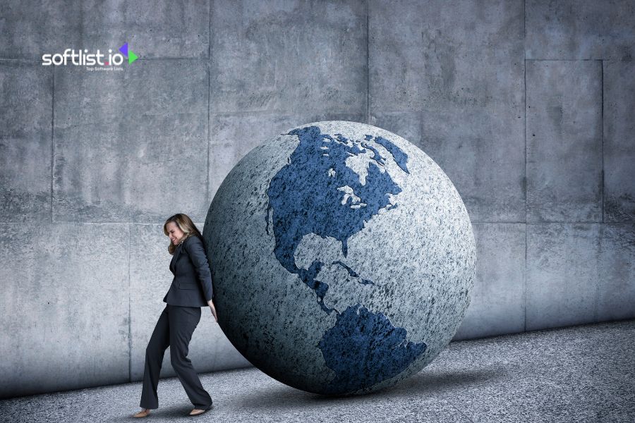 Woman pushing a globe symbolizing the world with Softlist.io branding