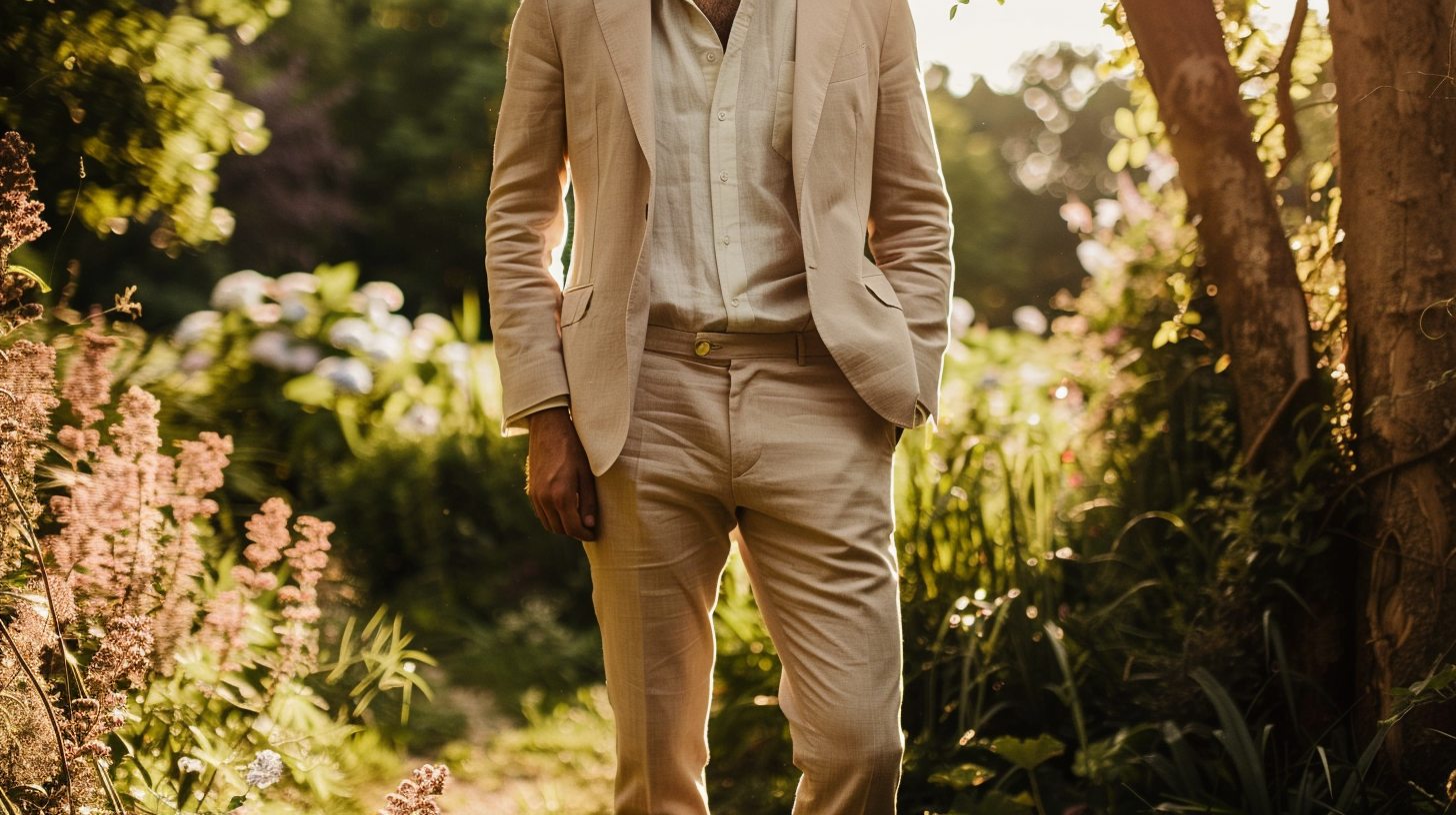 A man wearing a semi-formal summer wedding outfit: light-colored suit in tan, pastel, or light grey, paired with a breathable cotton or linen shirt, open collar (no tie), wearing loafers or lace-up dress shoes, standing in a garden or outdoor wedding setting under soft sunlight, sleeves optionally rolled for comfort