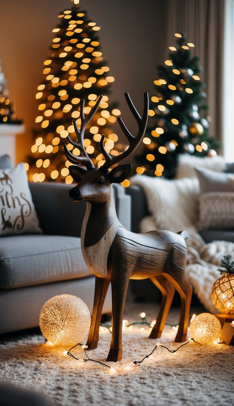 A cozy living room with a rustic wooden reindeer surrounded by twinkling lights and other Christmas decorations