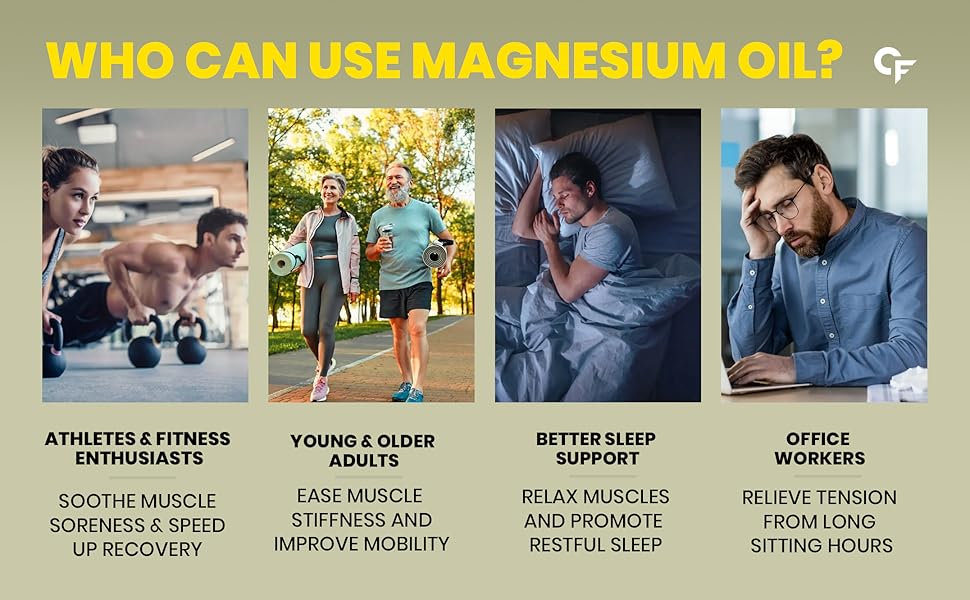 Magnesium chloride spray soothes pain, magnesium oil for sore muscles, magnesium for health.