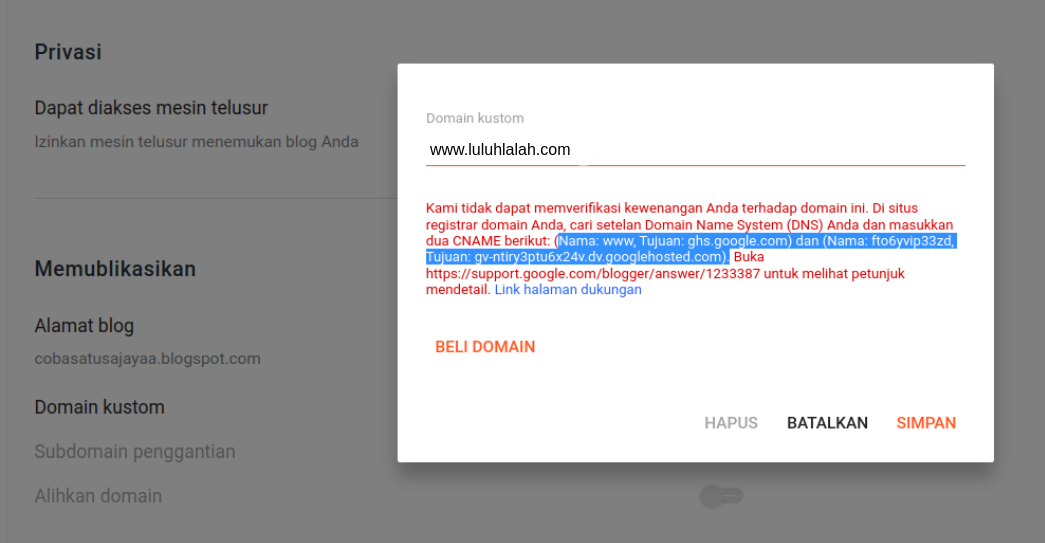 Cara Setting Domain Custom Ke Blogspot