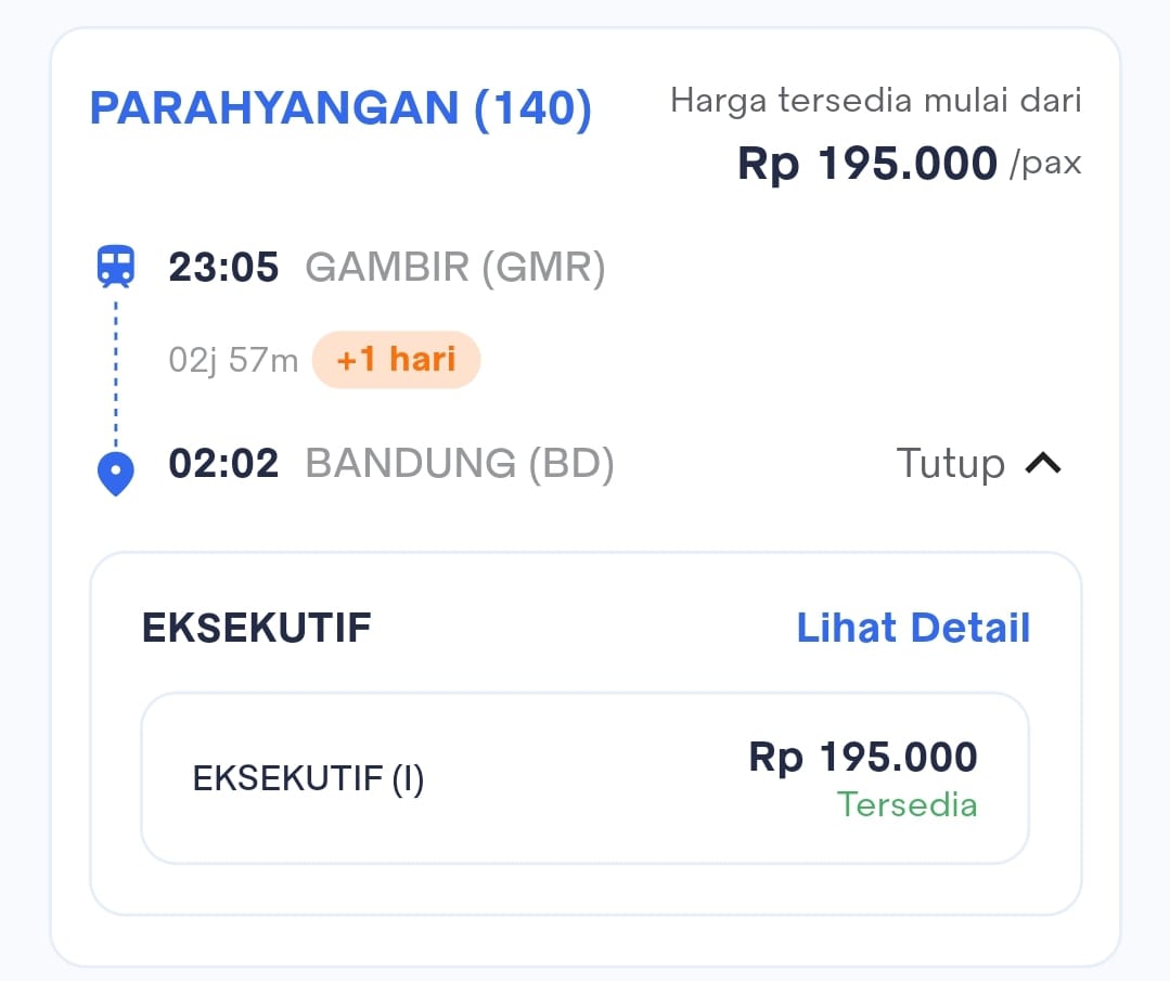 Harga Tiket KA Parahyangan (140) Gambir (GMR) – Bandung (BD)
