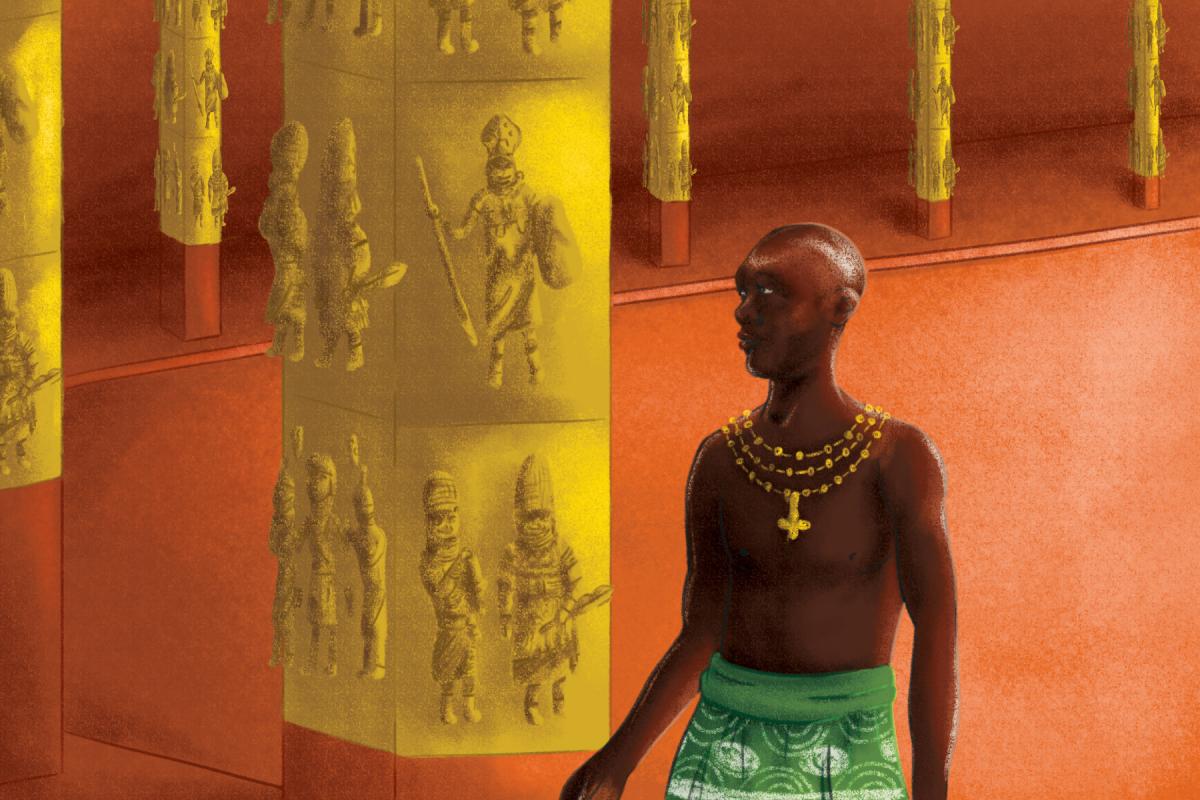 An illustration of an interior impression of the Kingdom of Benin's royal palace featuring the Benin Bronze plaques.