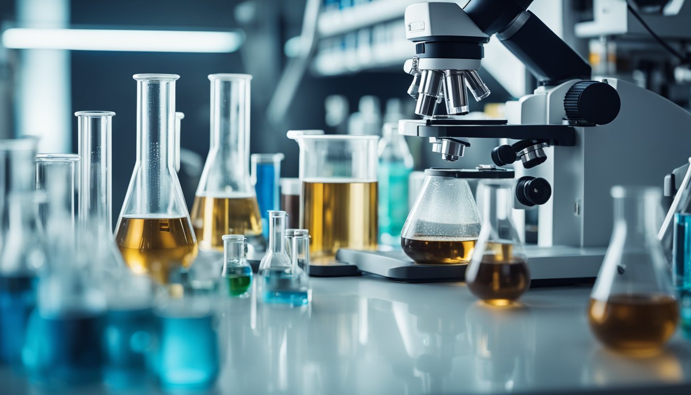 A laboratory setting with various equipment and instruments, including test tubes, beakers, and a microscope. Samples of xylooligosaccharide are being analyzed for their potential applications in different industries