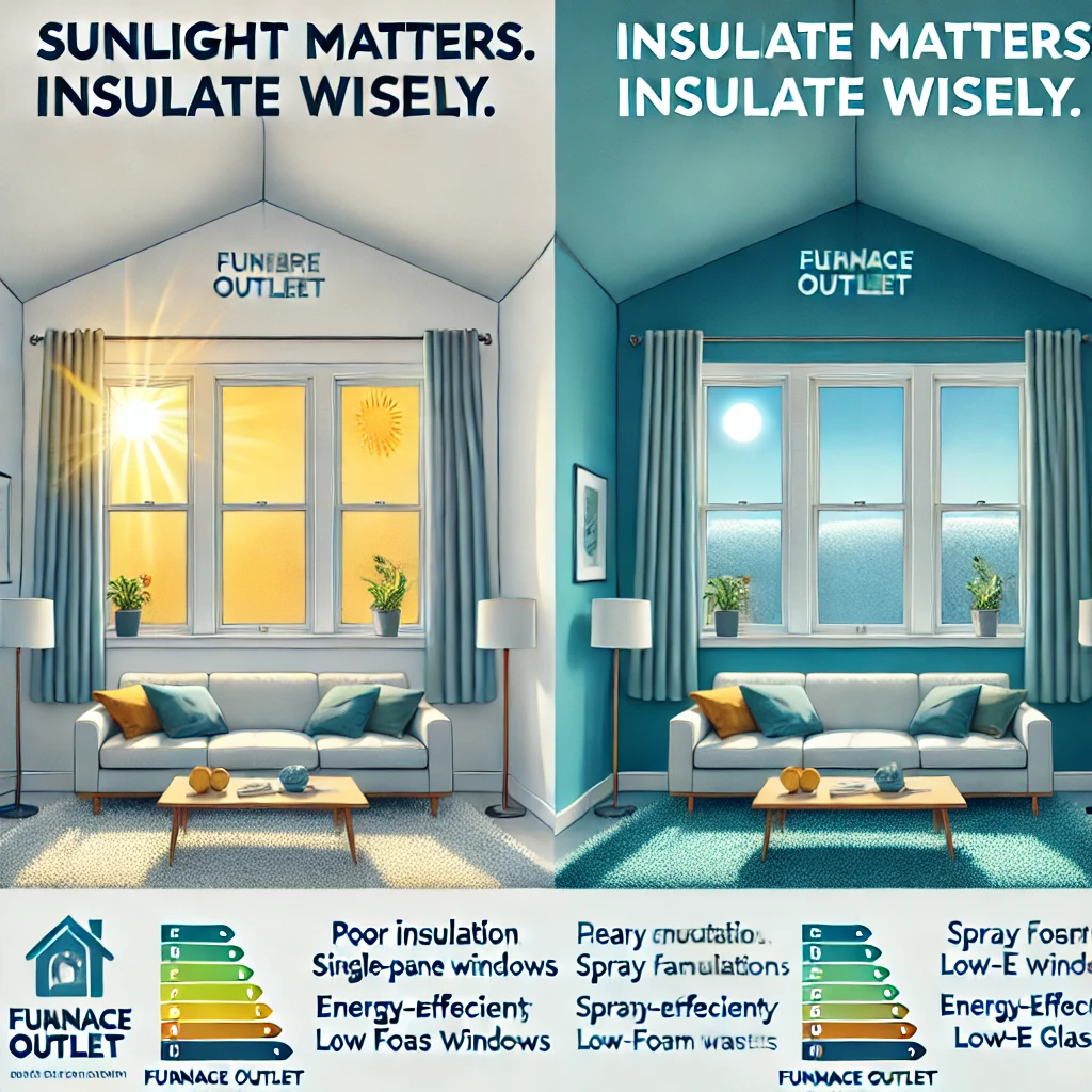 Comparison of two same-sized rooms, one sunlit with poor insulation, the other shaded and well-insulated
