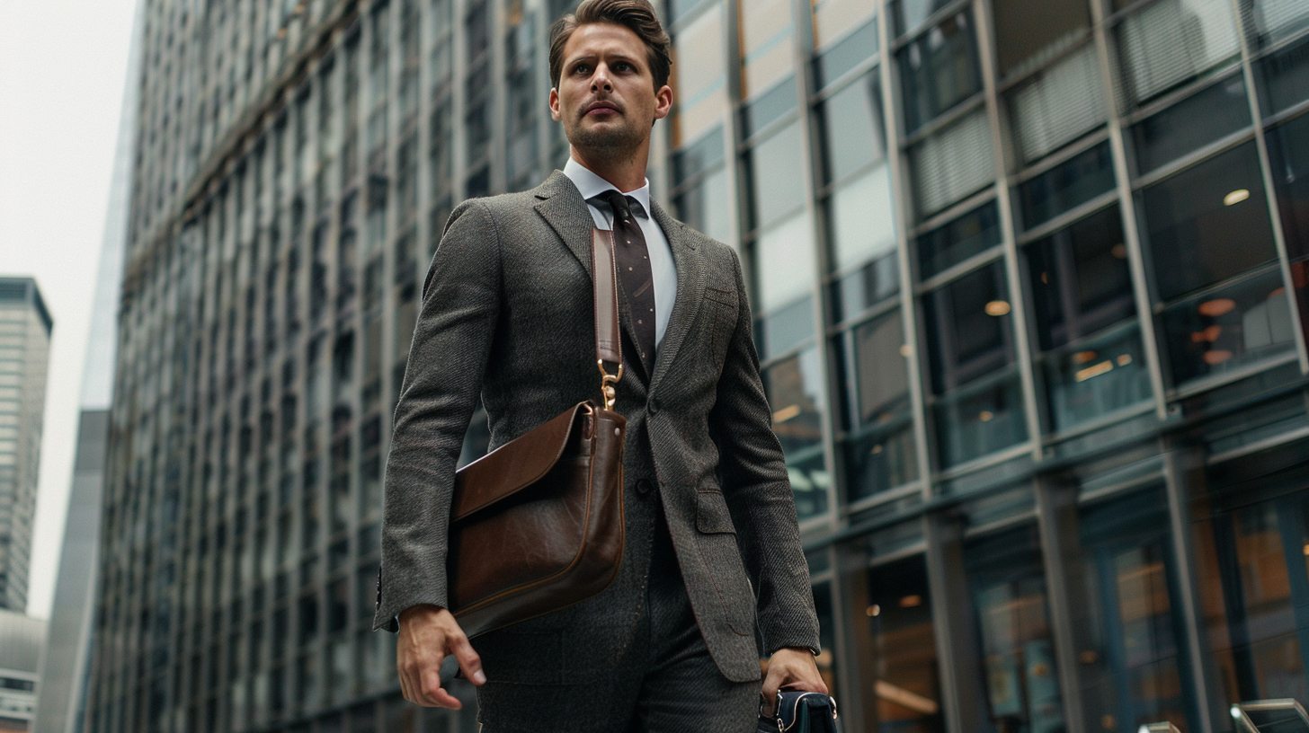 A professional man wearing a dark gray two-piece suit, composed of a matching blazer and trousers. He stands outside a high-rise building, ready for a meeting, holding a leather briefcase.