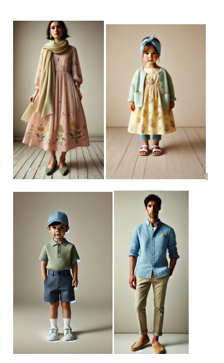 Four full-body mannequin displays showcasing various outfits; the top two mannequins wear floral dresses and scarves, while the bottom two are dressed in casual children’s attire and a smart casual adult ensemble, all against a neutral backdrop. Image used for the article Indoor Spring Family Photo Outfits.