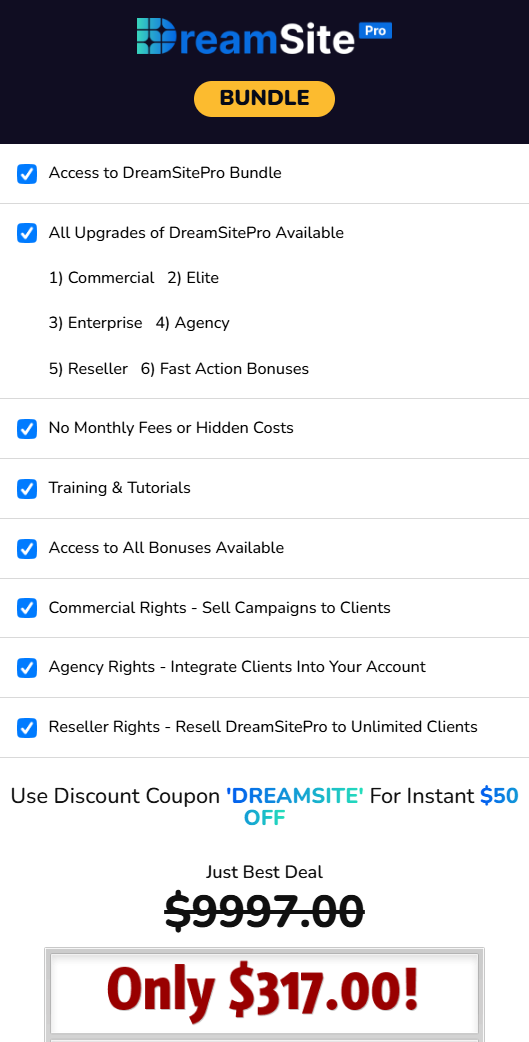 A screenshot showing DreamSite Pro Bundle offer. 