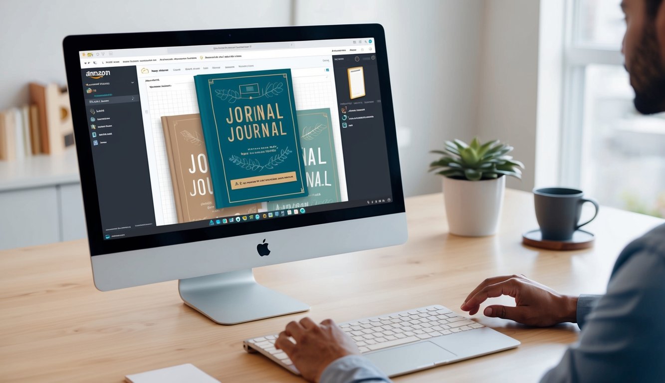 A person using a computer to design and format a journal cover on Canva, with an Amazon webpage open in the background showing the process of selling journals