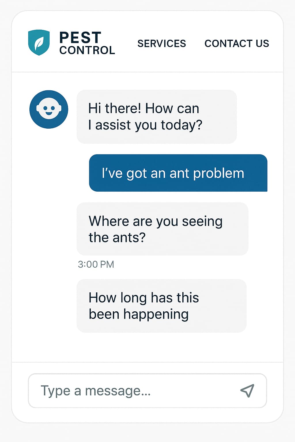 AI chatbot interface for pest control SEO showing automated lead qualification questions for internet marketing.