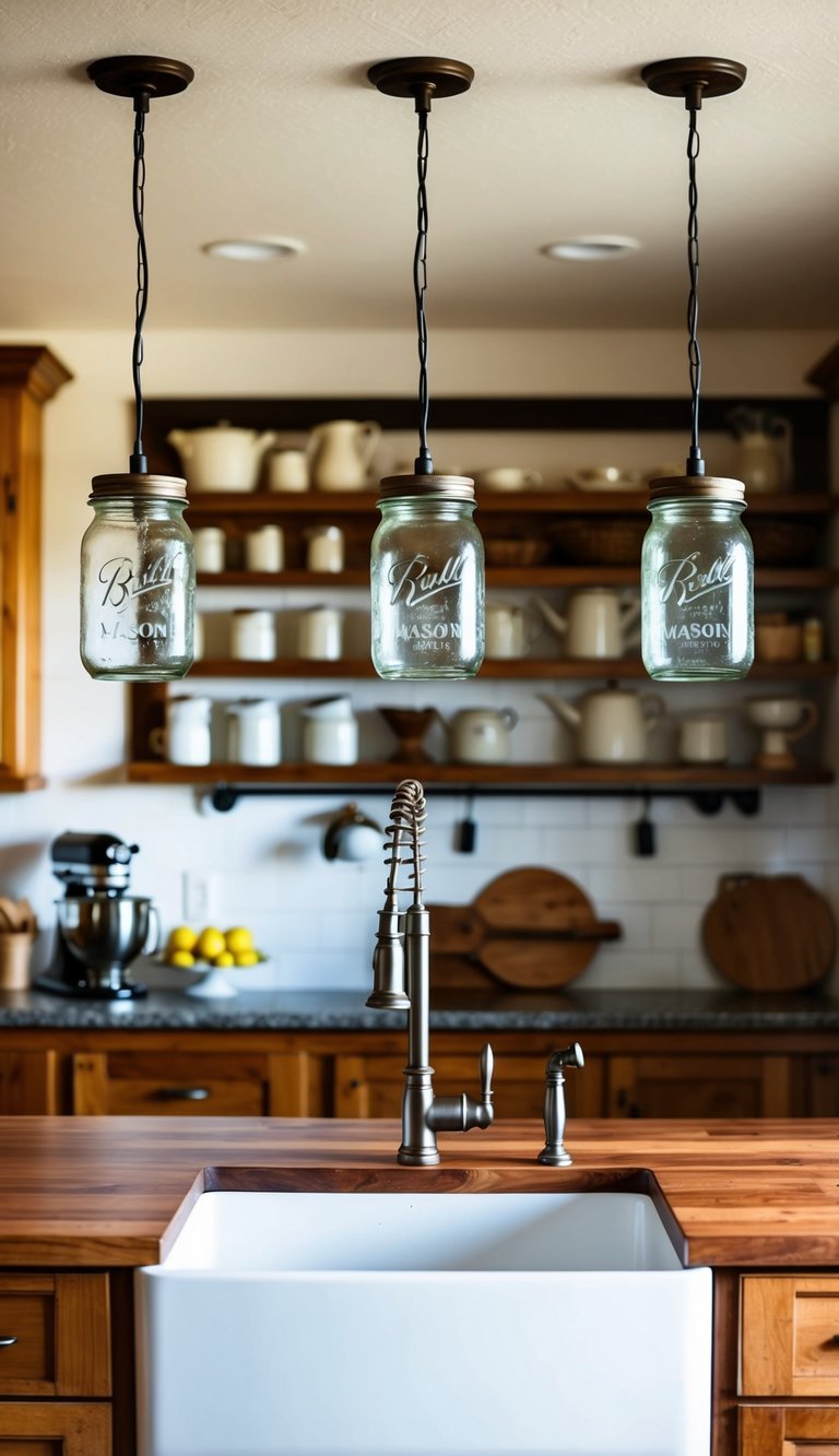 Rustic kitchen with mason jar pendant lights hanging over a farmhouse sink, wooden countertops, and vintage decor