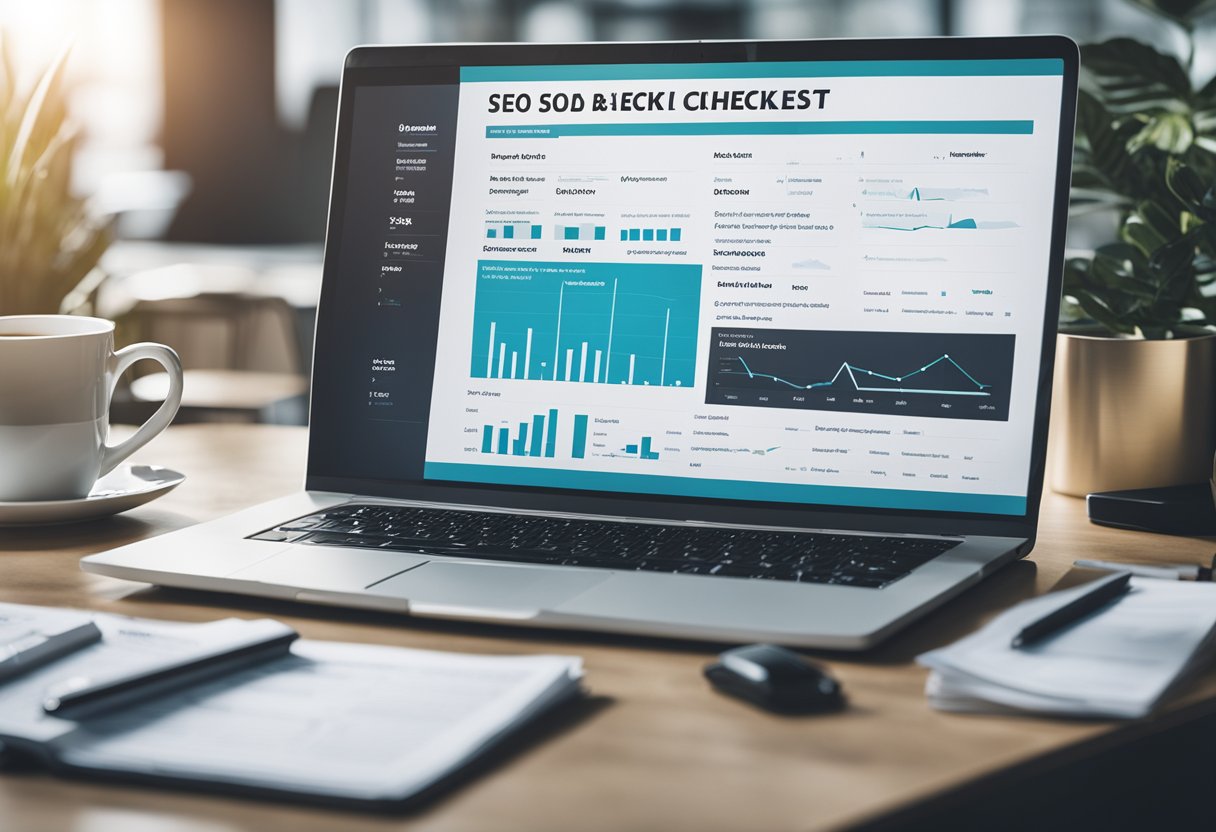 A desk cluttered with SEO audit checklist items, including website analytics, keyword research, and backlink analysis. A laptop displays a website's technical SEO report