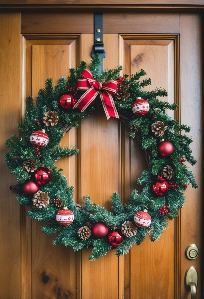 A rustic wagon wheel wreath adorned with festive Christmas decorations hangs on a wooden door