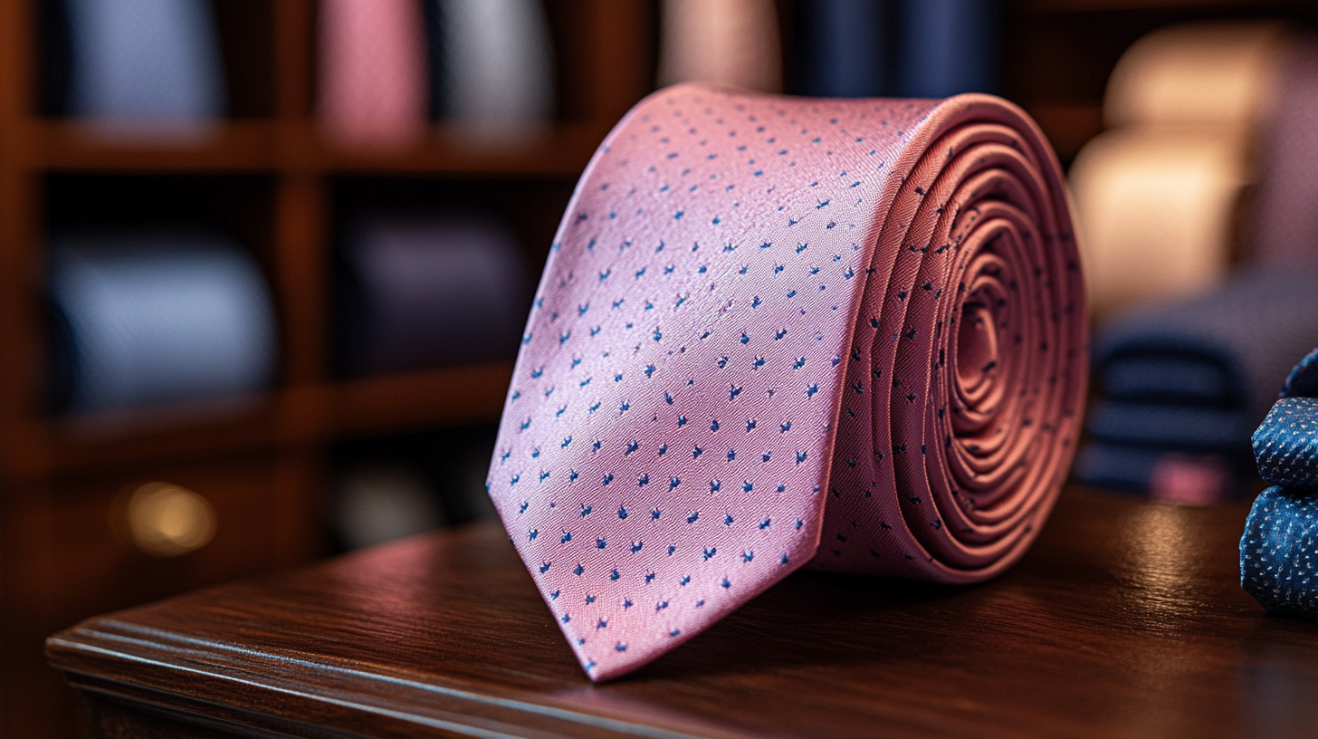 Full view of a pink tie, neatly folded or arranged, soft pink color, smooth texture, with a wardrobe full of suits and ties on shelves in the background, coordinated and stylish setting