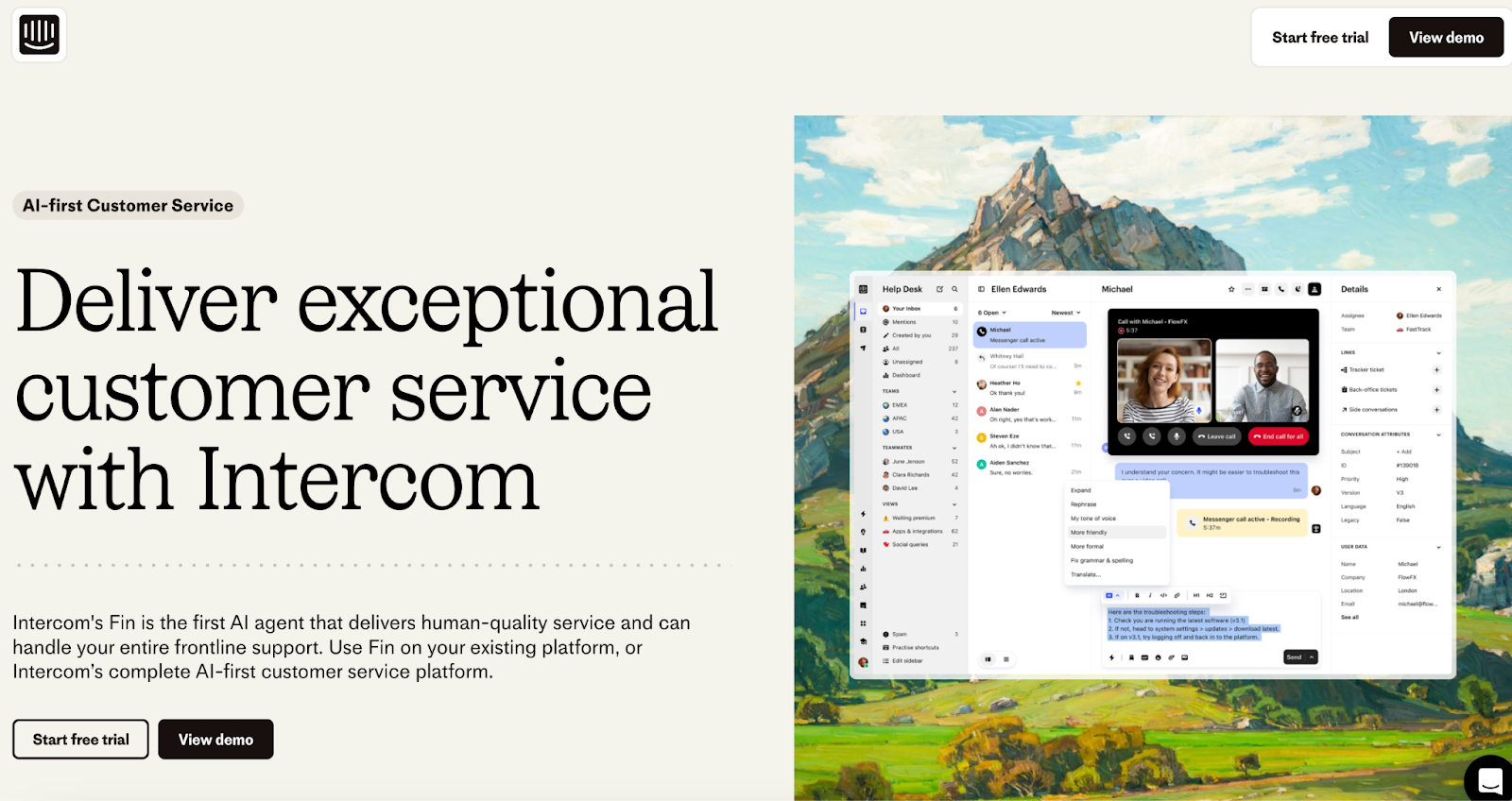 Intercom landing page