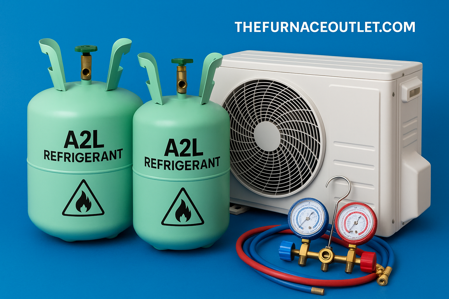 A2L refrigerant safety display featuring two green A2L-labeled cylinders with flammability warnings, a white HVAC unit, and refrigerant gauges, branded with TheFurnaceOutlet.com.