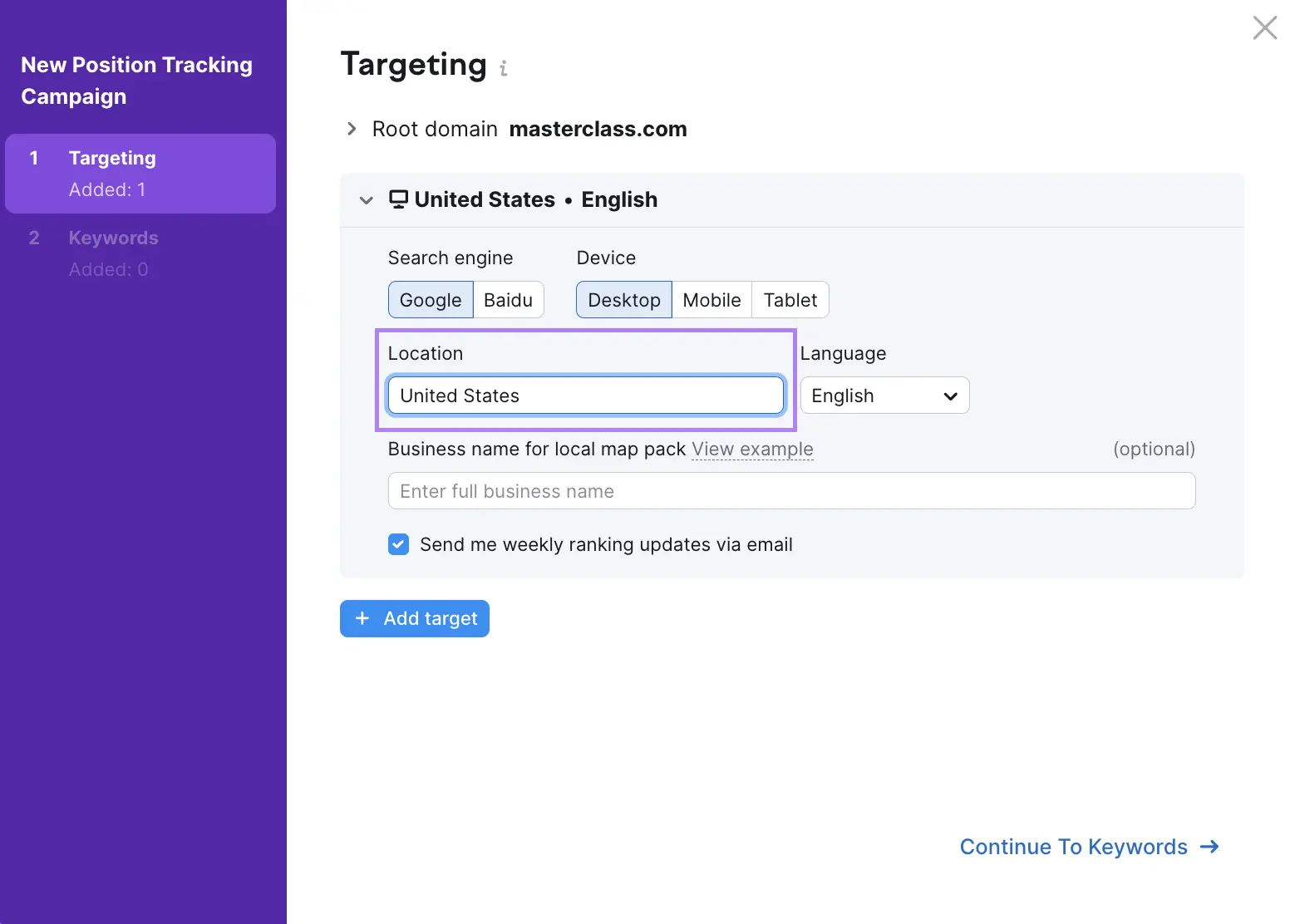 "Targeting" window in Position Tracking tool settings